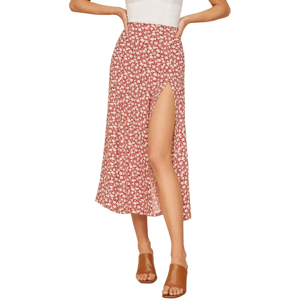 jinran Women Skirt Harajuku leopard flower printed package hip tall waist elastic Summer style mild calf a-line skirts Women XSK8110
