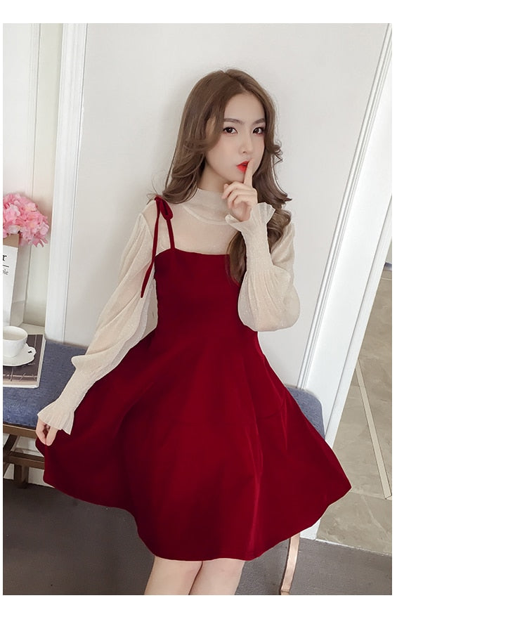 jinran Spring New Elegant Two Piece Dress for Women Women Winter Korean A-Line O-Neck Tops and Black Sundress Streetwear Dress Vestidos