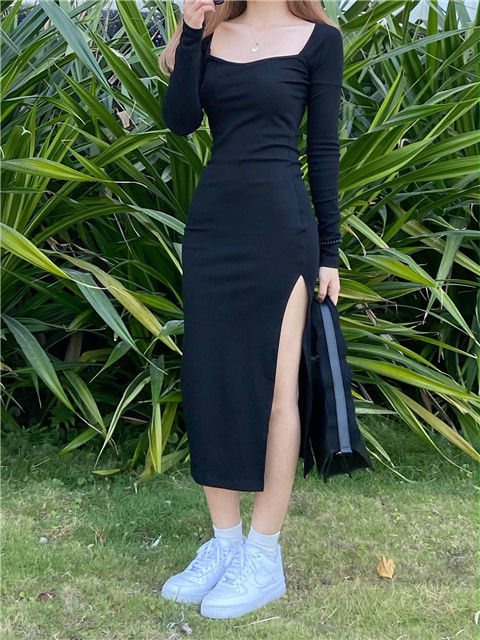 jinran Women Long Sleeve Dress Mid-calf Length Square Collar Black Sheath Retro Slim Sexy Vintage Side Slit Stretchy All-match Simple