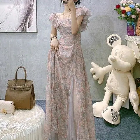 jinran Vintage Chiffon Midi Dress Women Floral Print Design Korean Party Split Dress Female Summer Evening Beach Boho Dress 2024 Casual
