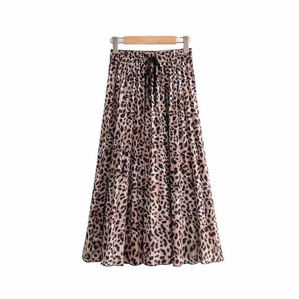 jinran Vintage Leopard Print Pleated Skirts Women Punk Rock Korean Skirt Streetwear Drawstring Elastic Waist Ladies Midi Skirt New
