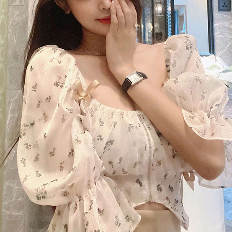 jinran Puff Sleeve Floral Chiffon Blouses Women Summer Short Korean Design Fairy Shirts Tops Casual Chic Evening Party Y2k Clothes 2024