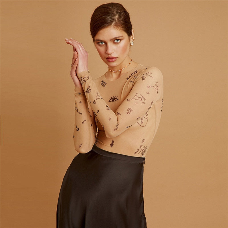jinran Sexy tight-fitting one-piece Top Women Long-Sleeved Bodysuits O-Neck Basic Party Wear Print Summer Wild Slim Bodysuits