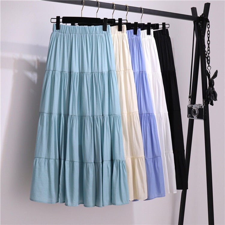 jinran Summer Stitching Cotton and Linen Skirt Elegant Elastic High Waist Ruffles Pleated All-match A Line Skirt Casual Beach Holiday
