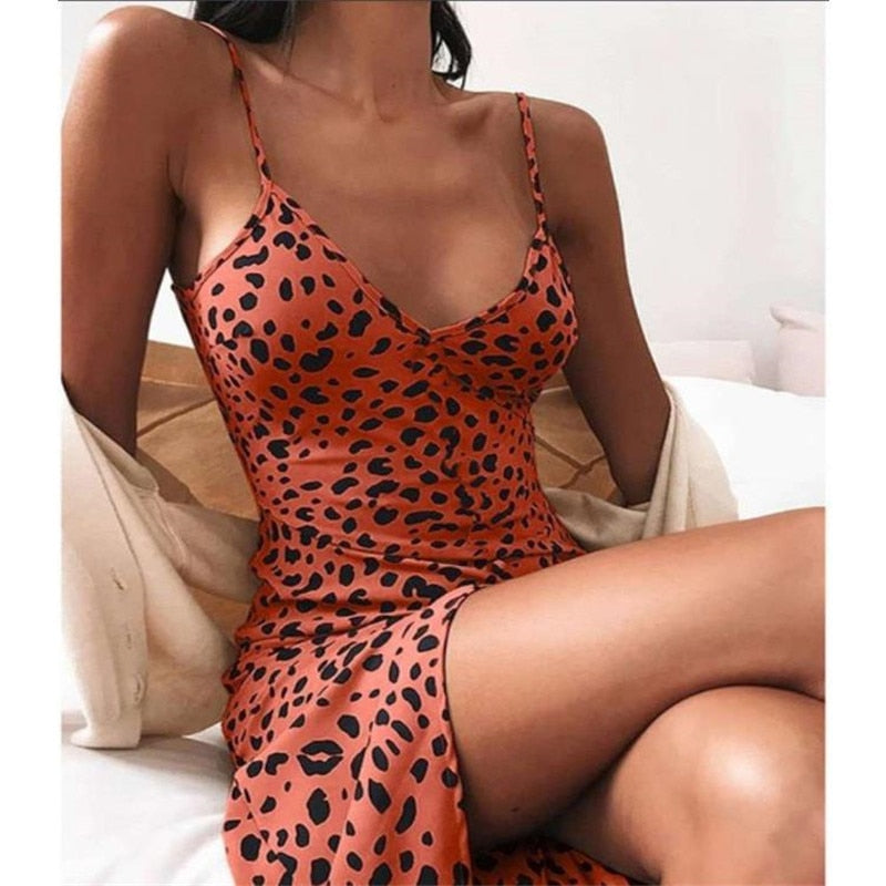 jinran Elegant Sexy Low Cut V-neck Leopard Graphic Dress Women Summer Casual Club Party Wear Vintage Bodycon Sling Mini Dresses Female