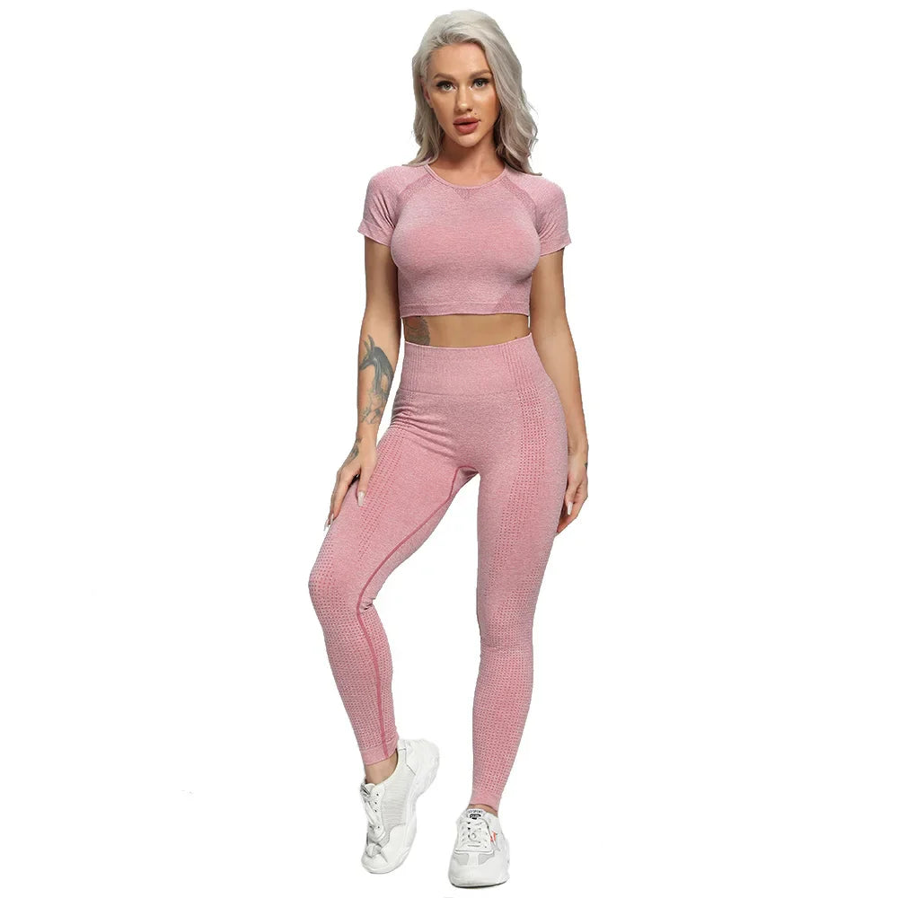 jinran Women New Seamless Yoga Set Gym Clothing Fitness Leggings+Cropped Shirts Sport Suit Women Long Sleeve Tracksuit Active Wear