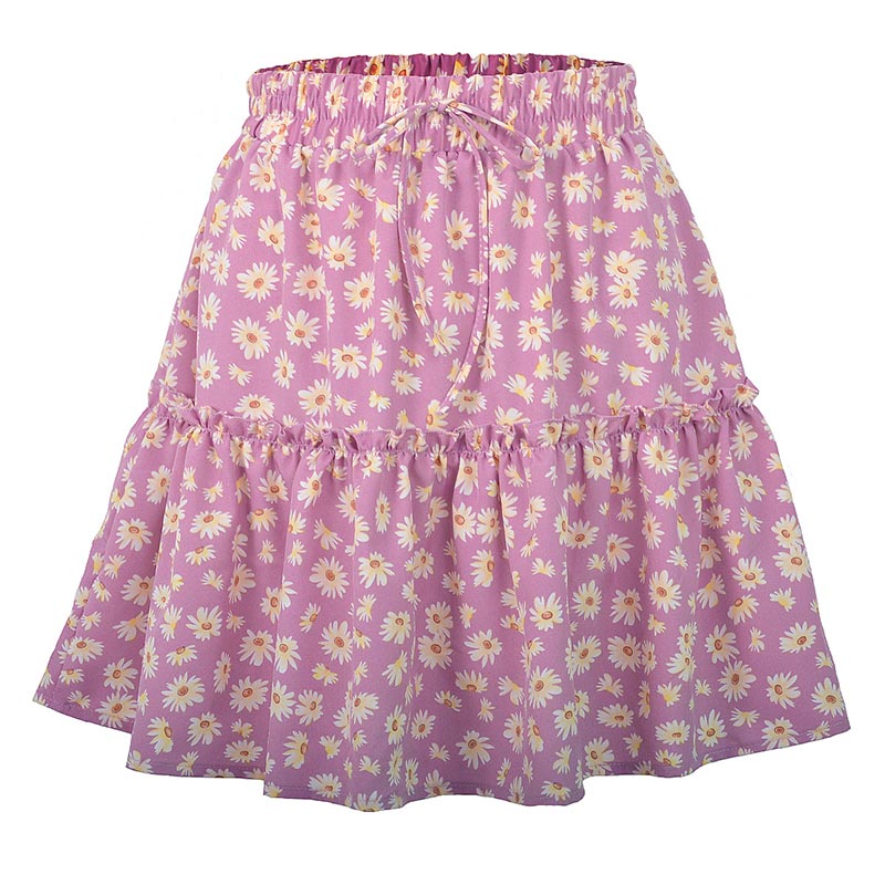 jinran Summer Boho Floral Print Mini Skirt Women Elegant Ruffles Short Skirts Elastics Waist Lace Up A-Line Skirts