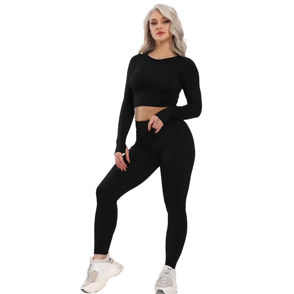 jinran Women New Seamless Yoga Set Gym Clothing Fitness Leggings+Cropped Shirts Sport Suit Women Long Sleeve Tracksuit Active Wear