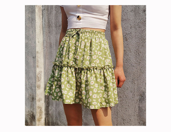 jinran Summer Boho Floral Print Mini Skirt Women Elegant Ruffles Short Skirts Elastics Waist Lace Up A-Line Skirts
