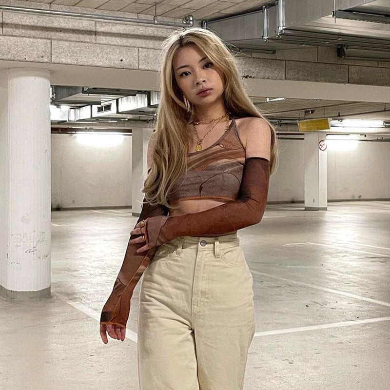 jinran Printed Brown Corset Top Vintage Crop Top y2k Grunge Kawaii With Glove Fashion Sweats Women Summer Camis Korean Style