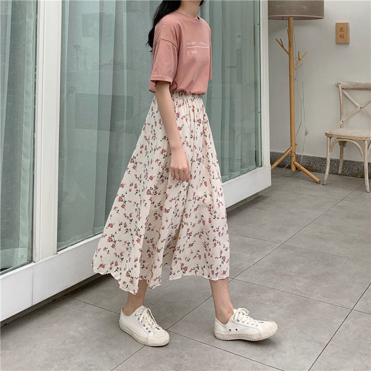 jinran Vintage Floral Print A-line Pleated Long Skirts Summer Women Korean Harajuku Skirt Streetwear Boho Elastic Waist Midi Skirt 2021