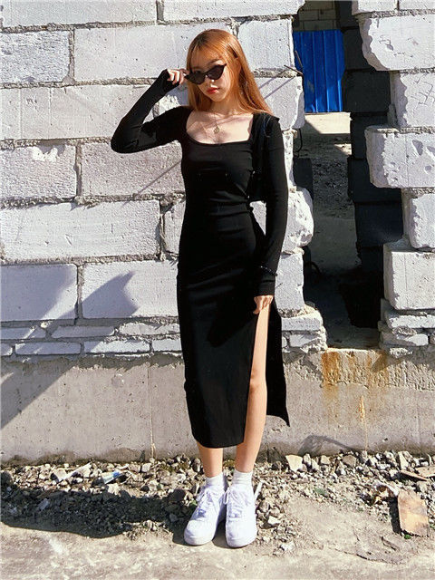 jinran Women Long Sleeve Dress Mid-calf Length Square Collar Black Sheath Retro Slim Sexy Vintage Side Slit Stretchy All-match Simple