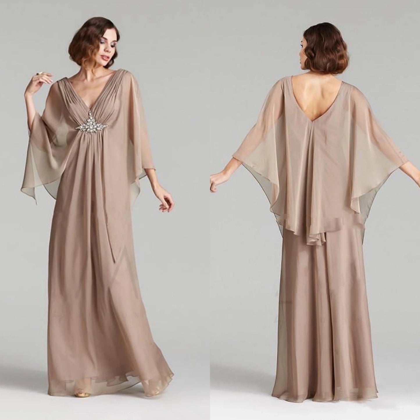 jinran Champagne Mother of the Bride Dresses Chiffon Cloak Sleeves Pleat Beaded Rhinestone Plus Size Wedding Party Evening Gowns 2024