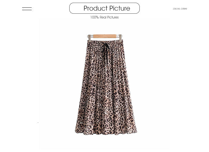 jinran Vintage Leopard Print Pleated Skirts Women Punk Rock Korean Skirt Streetwear Drawstring Elastic Waist Ladies Midi Skirt New