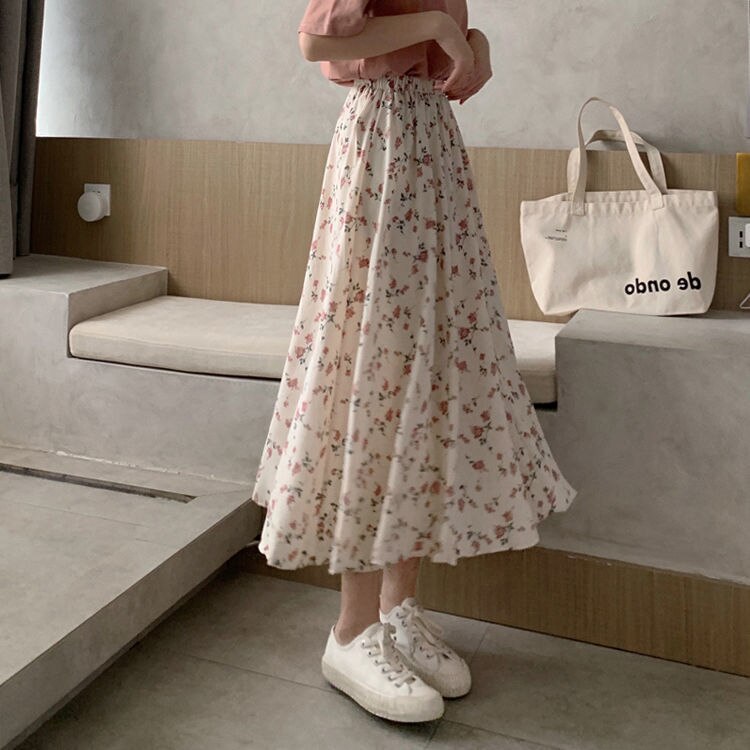 jinran Vintage Floral Print A-line Pleated Long Skirts Summer Women Korean Harajuku Skirt Streetwear Boho Elastic Waist Midi Skirt 2021