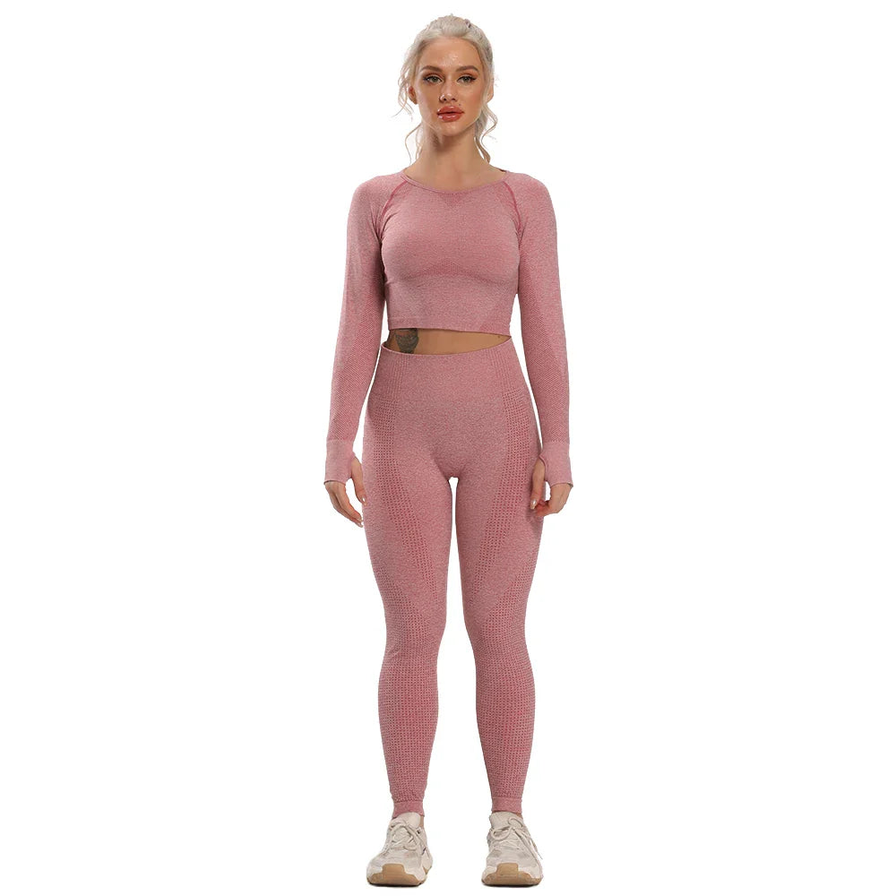 jinran Women New Seamless Yoga Set Gym Clothing Fitness Leggings+Cropped Shirts Sport Suit Women Long Sleeve Tracksuit Active Wear