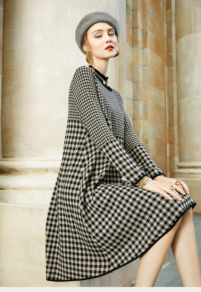 jinran Women Black Bird Lattice Midi Dress Autumn Winter Thick Warm Korean Vintage Casual Sweaters Elegant Bodycon Coat Sweaters