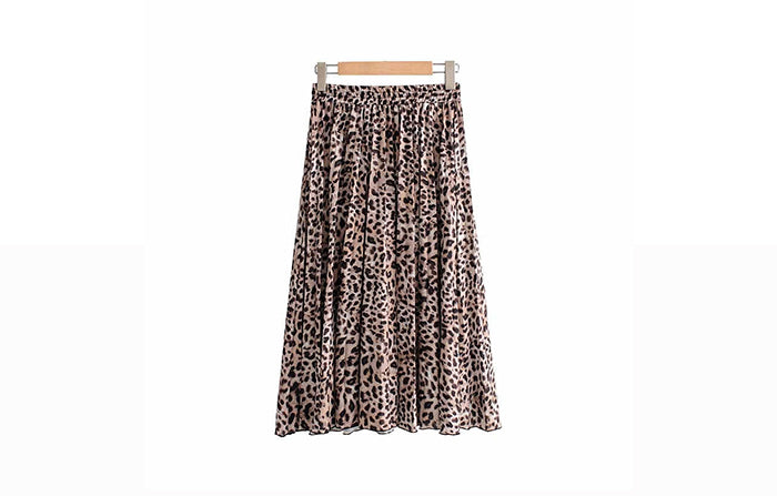 jinran Vintage Leopard Print Pleated Skirts Women Punk Rock Korean Skirt Streetwear Drawstring Elastic Waist Ladies Midi Skirt New