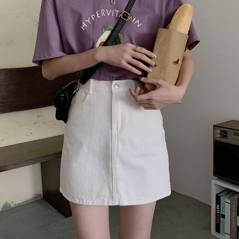 jinran Women Korean Harajuku Denim Skirt Casual Summer High Waist Elegant Solid Simple Wild A Line Mini Skirts Vintage Y2K Streetwear