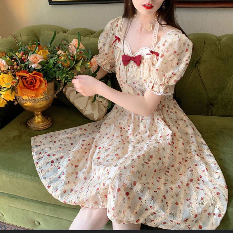 jinran French Vintage Princess Dress Women Sweet Floral Print Fairy Party Dress Korean Bow Beach Holiday Elegant Dresses for Women 2024