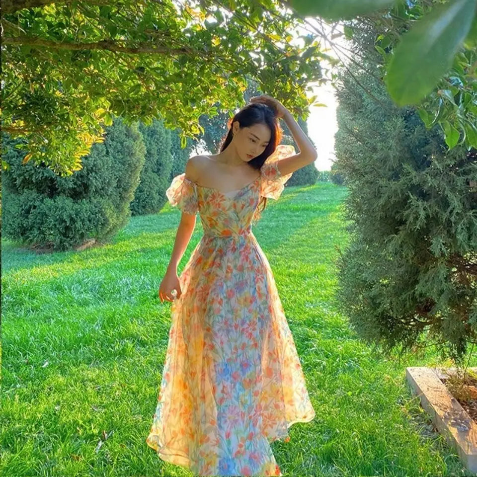 jinran Summer Floral Design Elegant Midi Dresses Women Office Lady One Piece Dress Korean Short Sleeve Vintage Beach Strap Dress 2024