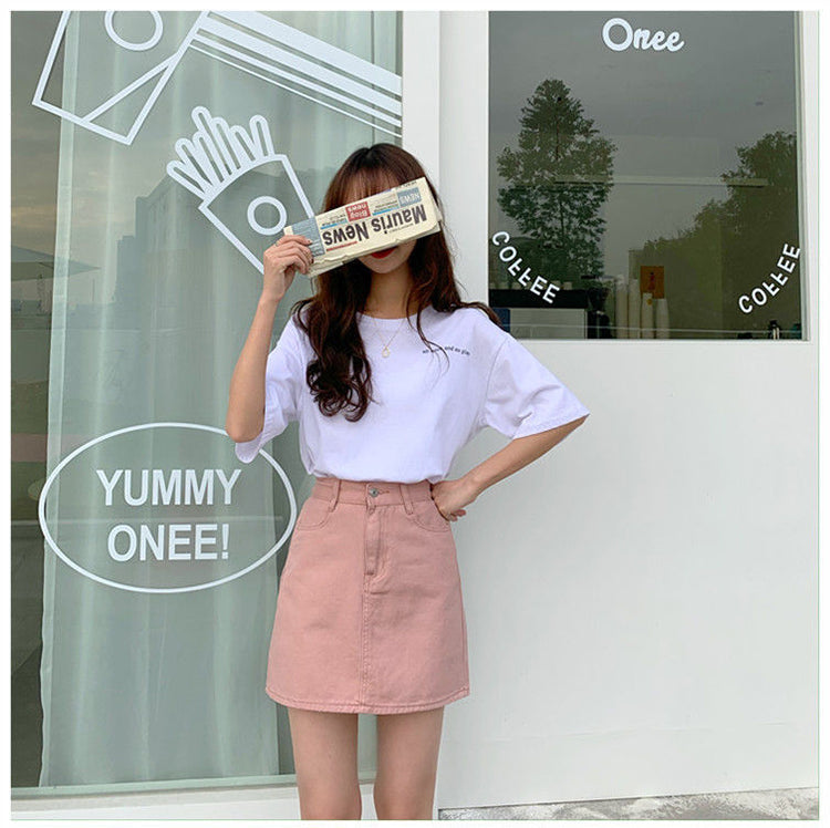jinran Women Korean Harajuku Denim Skirt Casual Summer High Waist Elegant Solid Simple Wild A Line Mini Skirts Vintage Y2K Streetwear