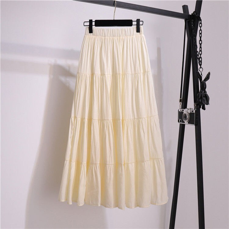 jinran Summer Stitching Cotton and Linen Skirt Elegant Elastic High Waist Ruffles Pleated All-match A Line Skirt Casual Beach Holiday