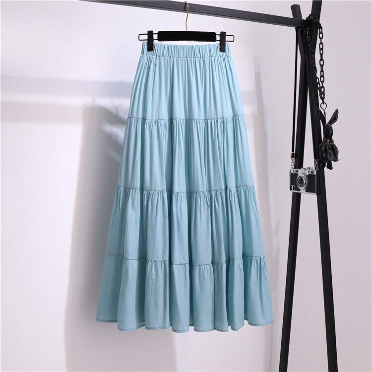 jinran Summer Stitching Cotton and Linen Skirt Elegant Elastic High Waist Ruffles Pleated All-match A Line Skirt Casual Beach Holiday