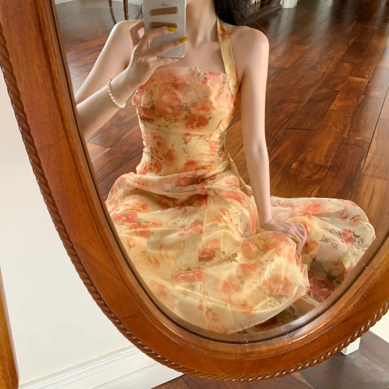 jinran French Vintage Dress Women Elegant Backless Floral Halter Neck Midi Dress Summer Chiffon Holiday Beach Dresses for Women 2024