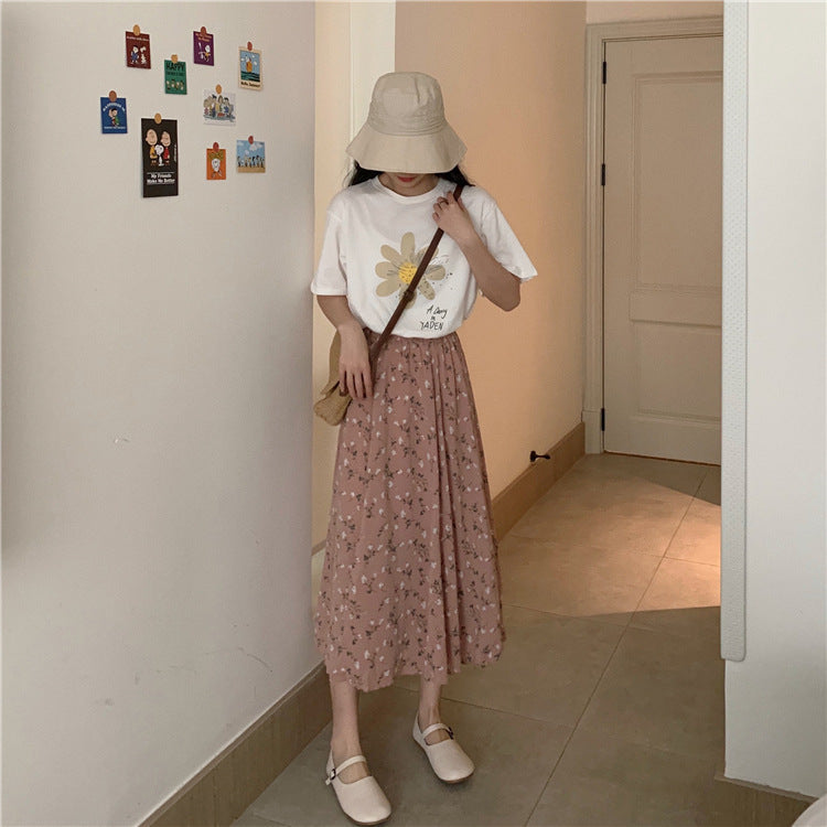 jinran Vintage Floral Print A-line Pleated Long Skirts Summer Women Korean Harajuku Skirt Streetwear Boho Elastic Waist Midi Skirt 2021