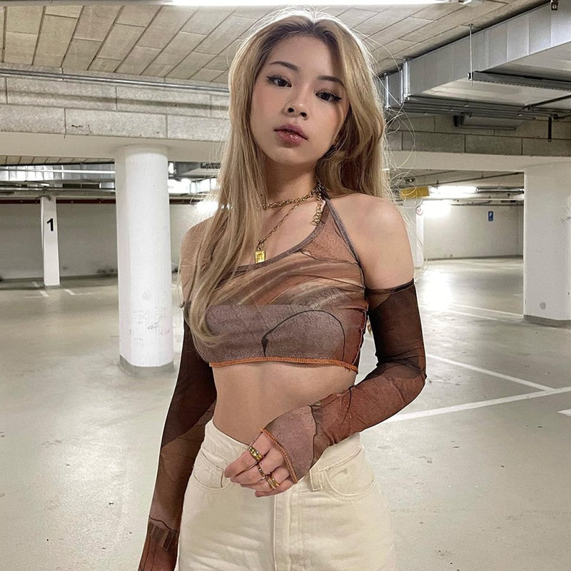 jinran Printed Brown Corset Top Vintage Crop Top y2k Grunge Kawaii With Glove Fashion Sweats Women Summer Camis Korean Style