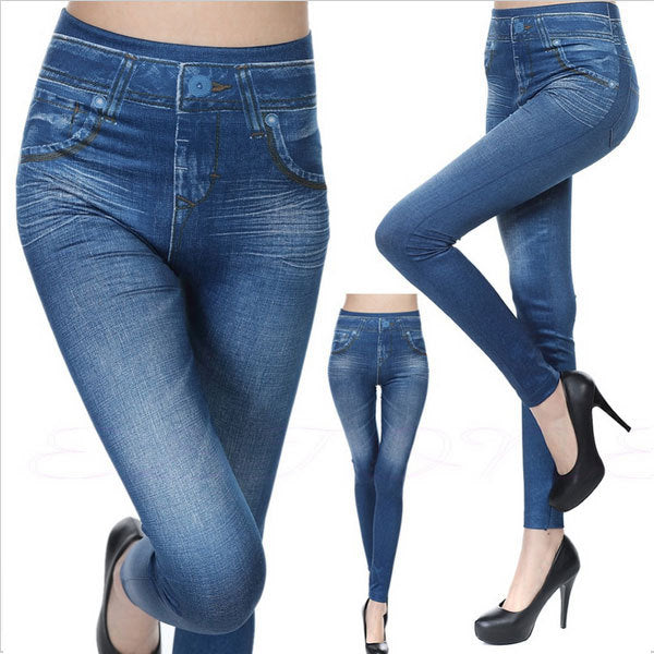 jinran Women Leggings Fashion Faux Denim Jeans Leggings Sexy Long Pocket Printing Leggins Summer Casual Pencil Pants