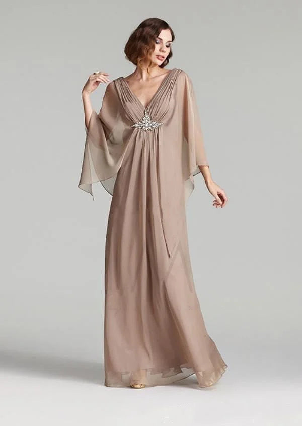 jinran Champagne Mother of the Bride Dresses Chiffon Cloak Sleeves Pleat Beaded Rhinestone Plus Size Wedding Party Evening Gowns 2024