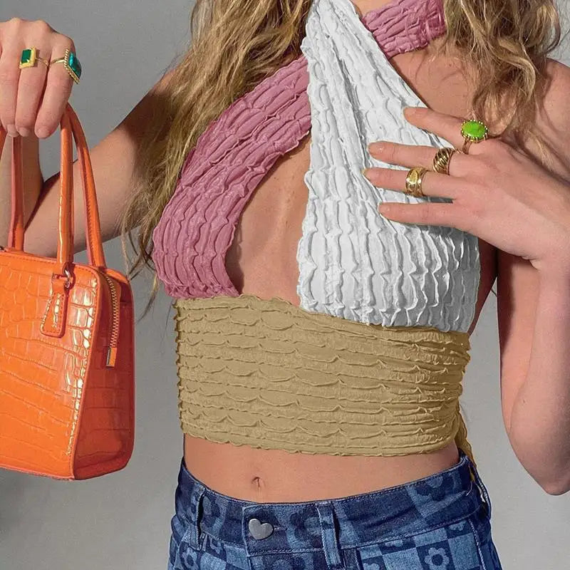 jinran Summer New Halter Contrast Color Tops New Women Sexy Backless Y2K Fashion Top Camis Cropped Tops Party Club Wear Camisole