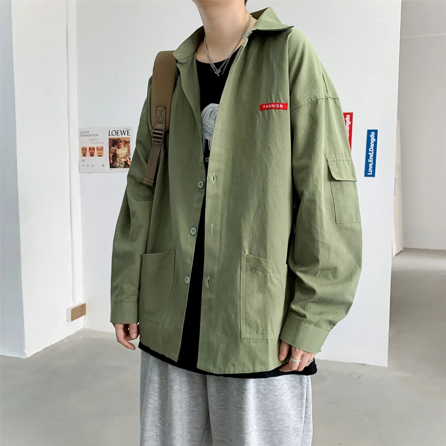 Men Harajuku Solid color Mens Streetwear Long Sleeve Male Vintage Korean Fashions shirts Oversized shi