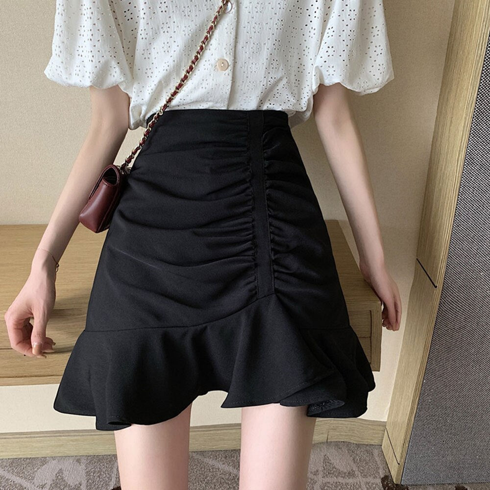 jinran Women Ruffles Pleated A-Line High Waist Irregular Summer Sexy Solid Elegant Skinnny Preppy Style Club Mini Skirt