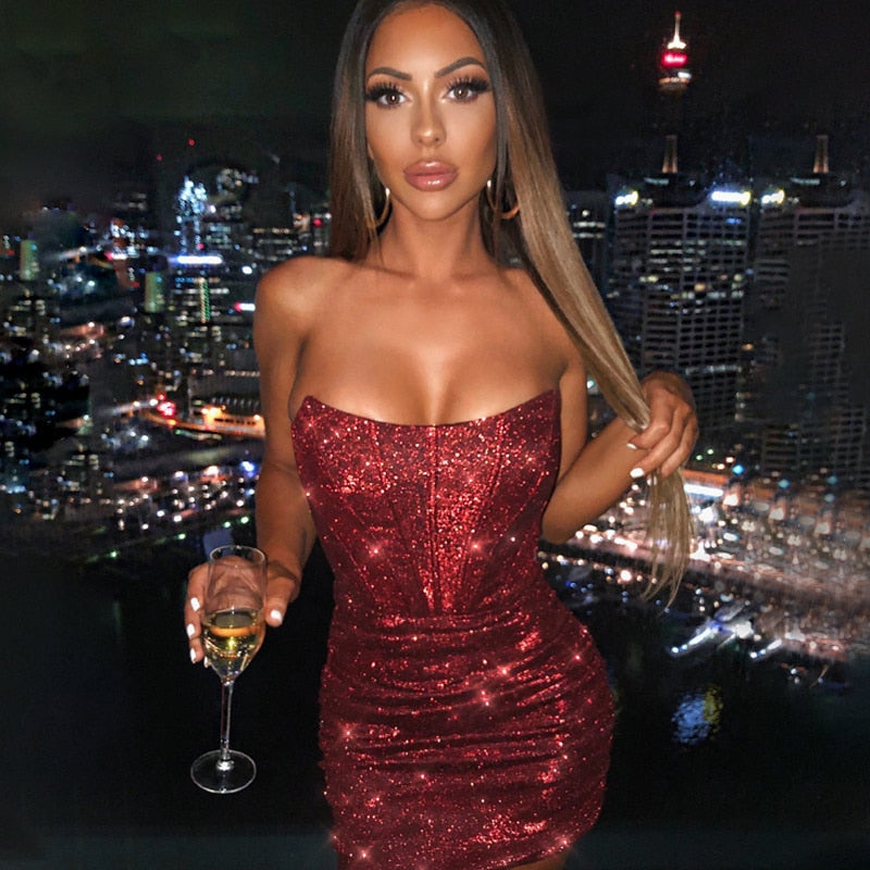 jinran Night Club Party Woman Dress Sexy Bodycon Glitter Strapless Mini Short Prom Robe 2023 Summer Elegant Ruched Black Vestidos