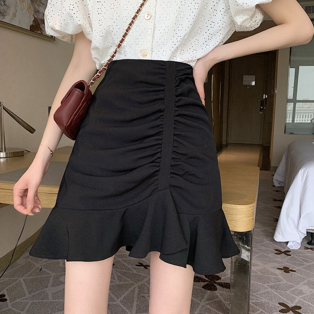 jinran Women Ruffles Pleated A-Line High Waist Irregular Summer Sexy Solid Elegant Skinnny Preppy Style Club Mini Skirt