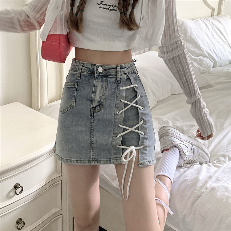 jinran Skirts Women Bodycon Sexy Side Split Cross Bandage Denim Jupe Summer High Waist Streetwear Fashion Korean Style Club Y2K Girls
