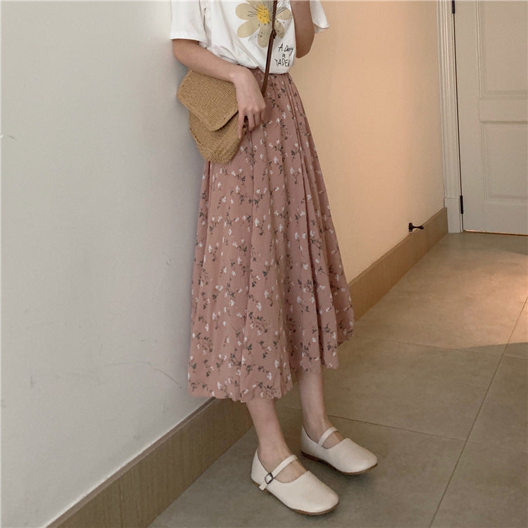 jinran Vintage Floral Print A-line Pleated Long Skirts Summer Women Korean Harajuku Skirt Streetwear Boho Elastic Waist Midi Skirt 2021