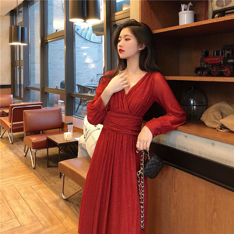 jinran Vintage Sexy Maxi Dresses for Women Party Sequin Midi Dress Female Casual Chiffon Slim Korean Woman Dress Elegant Autumn