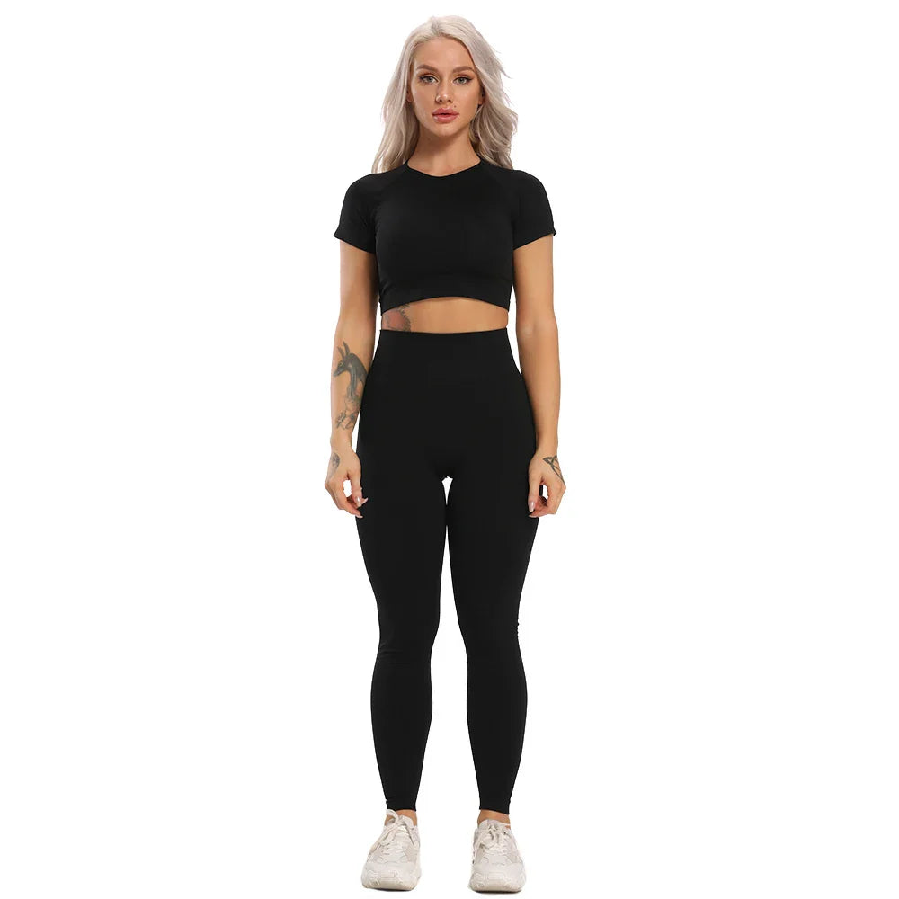 jinran Women New Seamless Yoga Set Gym Clothing Fitness Leggings+Cropped Shirts Sport Suit Women Long Sleeve Tracksuit Active Wear