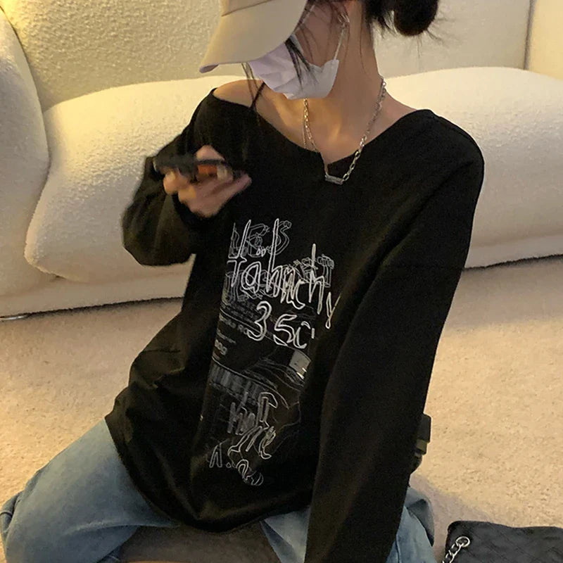 jinran Y2K T-shirt Fairy Grunge 2024 Vintage Letter Print Tops Black Autumn Off Shoulder Long Sleeved Korean Tees Loose Harajuku Shirt