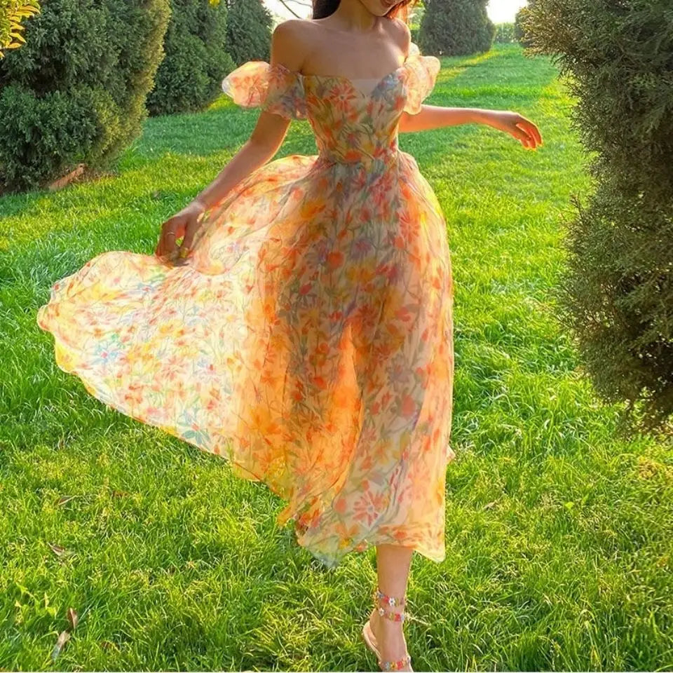 jinran Summer Floral Design Elegant Midi Dresses Women Office Lady One Piece Dress Korean Short Sleeve Vintage Beach Strap Dress 2024