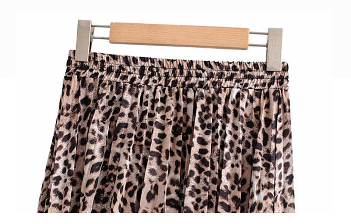 jinran Vintage Leopard Print Pleated Skirts Women Punk Rock Korean Skirt Streetwear Drawstring Elastic Waist Ladies Midi Skirt New