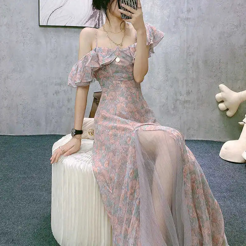 jinran Vintage Chiffon Midi Dress Women Floral Print Design Korean Party Split Dress Female Summer Evening Beach Boho Dress 2024 Casual
