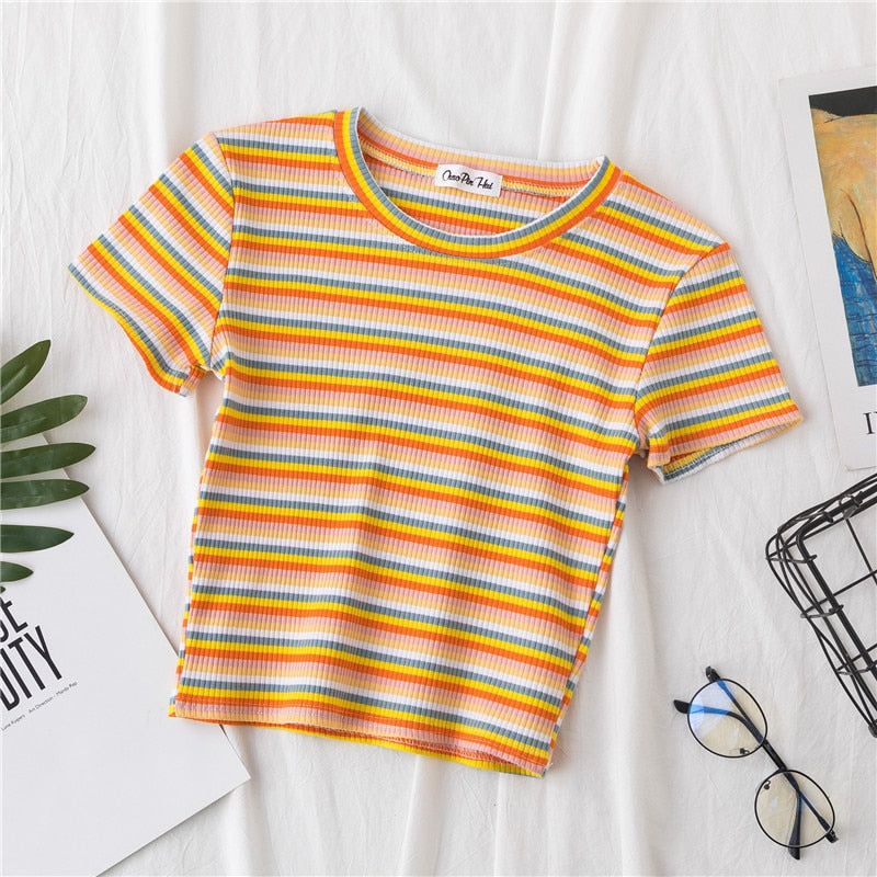 jinran New T Shirt Women Rainbow Striped Tops Slim Fit t shirt Harajuku Tshirt Summer Short Sleeve Korean T-shirt feminina Clothes Tops