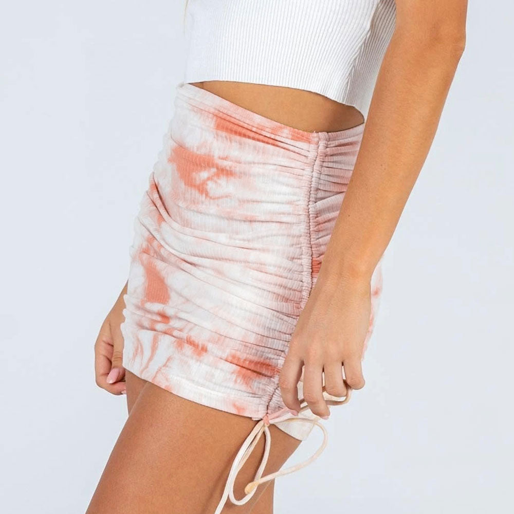 jinran women 2022 summer sexy Nightclub High-waisted elasticity knit pleated Side drawstring Tie dye Buttocks skirt