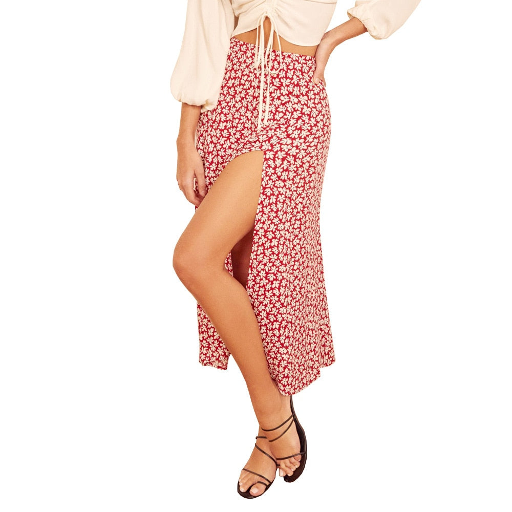 jinran Women Skirt Harajuku leopard flower printed package hip tall waist elastic Summer style mild calf a-line skirts Women XSK8110