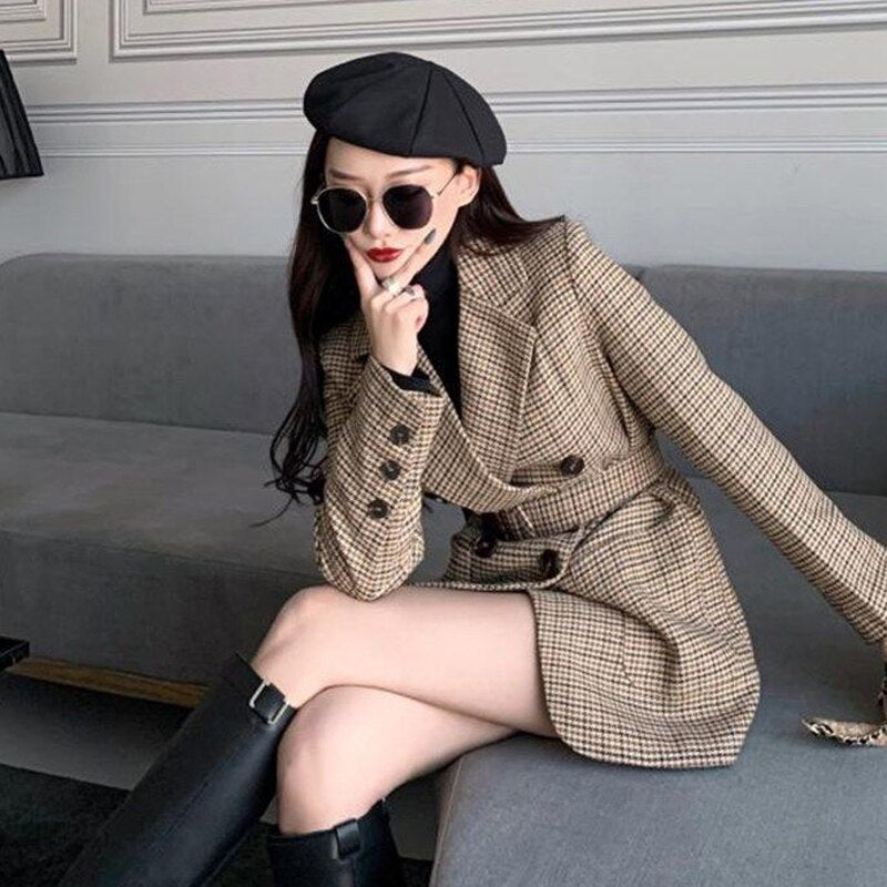jinran Vintage Houndstooth Jacket Blazer Women Plaid Lady Suit Jacket with Belt Long Sleeve Female Tailored Coat Street Wear New